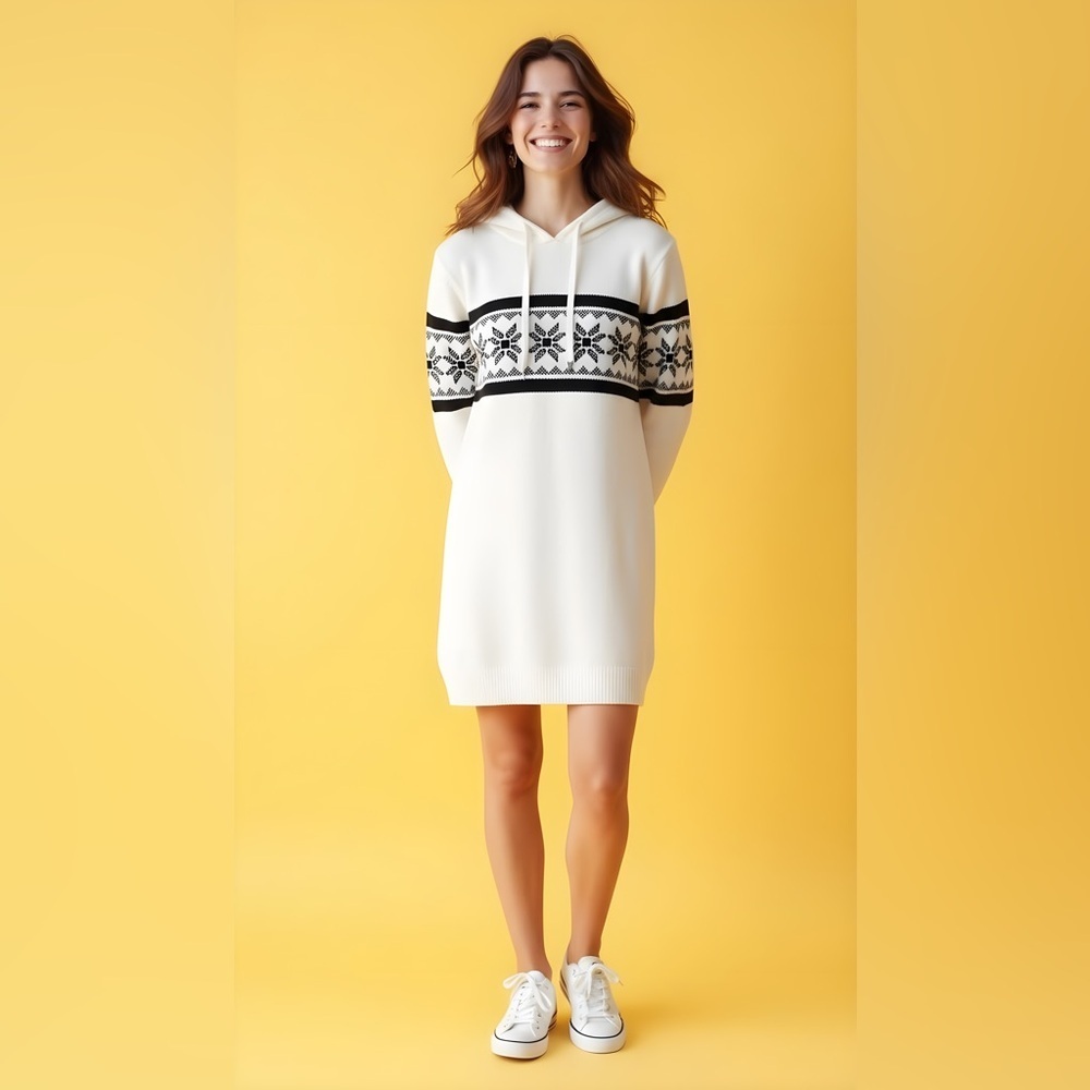 Derek Heart Womens Fair Isle Hooded Sweater Dress Cream Black Snowflake Small